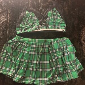 Green Plaid Bralette & Mini Skirt Lingerie Set Size L